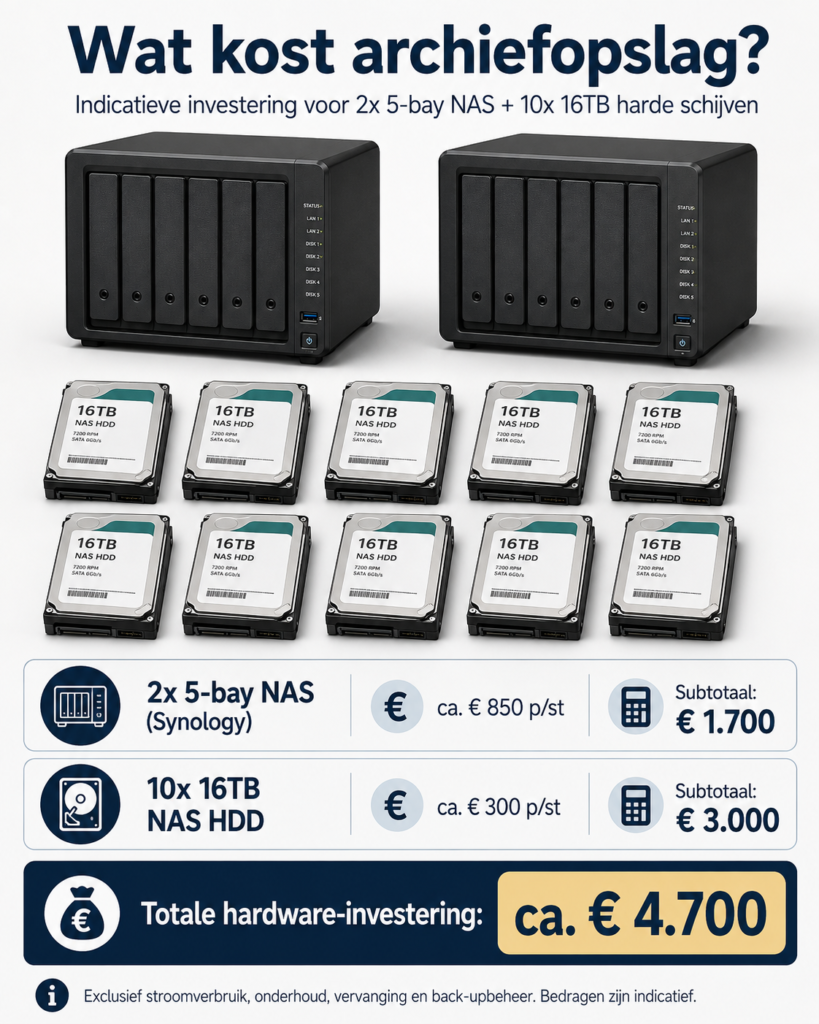Een afbeelding van een synology nas met 16Tb harde schijven met een prijsindicatie